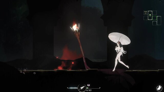 Silhouette hentai girl with umbrella dances near fiery thorn monster tentacle