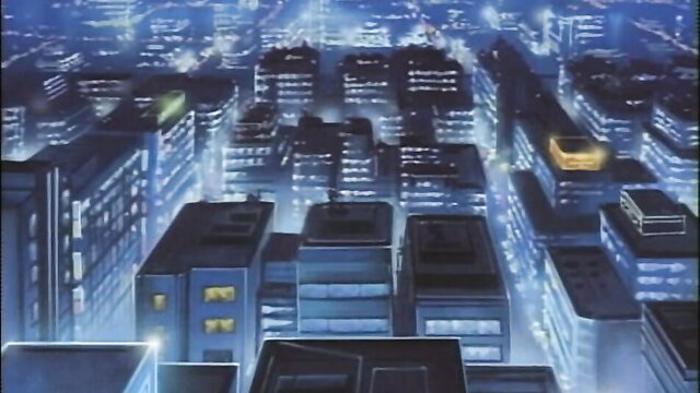 Houkago no Album anime JAV city night skyline with glowing building
