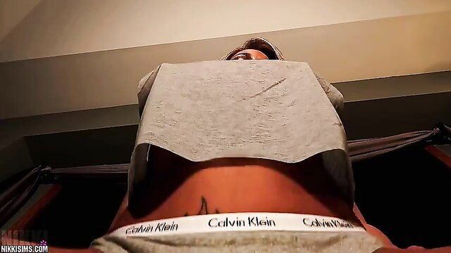 POV closeup of hot Asian babe's Calvin Klein waistband and tan belly bouncing on top