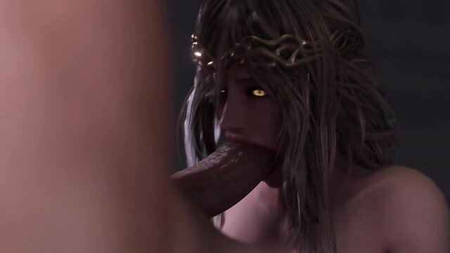 Marika with golden eyes deepthroating thick cock at breeding temple