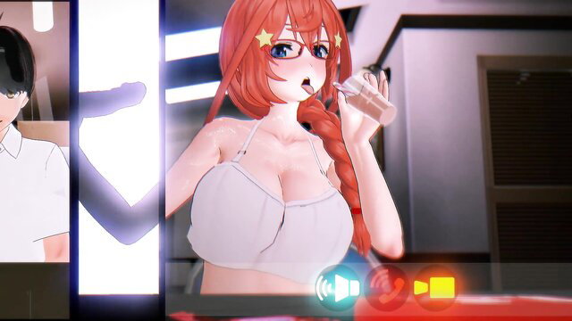 Redhead anime girl Itsuki in white tube top, big tits out, shocked face on Facetime call