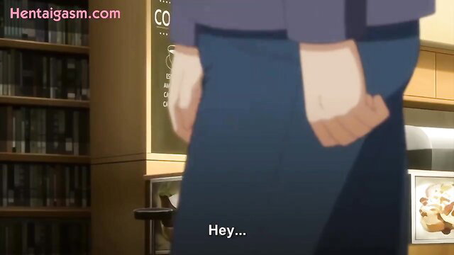 Hentai Papa Katsu! 3 girl in tight pants and top says 'Hey...' in library