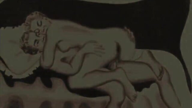 Retro erotic art of nude couple cuddling intimately in bed