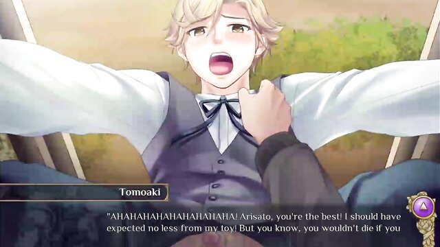Blond butler Tomoaki laughs maniacally pinning Arisato in Bare Butler hentai romp