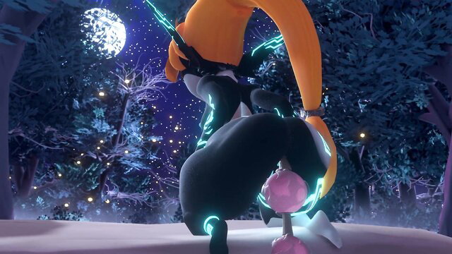 Midna from Zelda in sexy black bodysuit, glowing beads, thick ass up pose