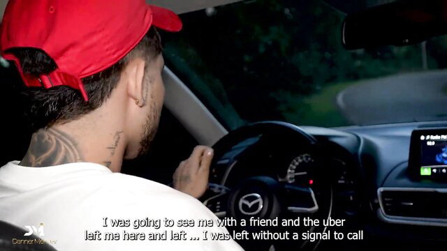 Danner Mendez drives Mazda in red cap, tattooed neck, outdoor public tease