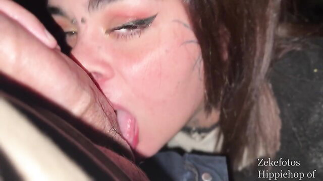 Hippiehop tattooed latina giving sloppy deepthroat blowjob closeup