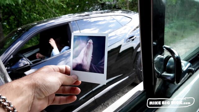 Trophy wife perfect tits seduced, MikeBigDick shows Polaroid dick pic at car