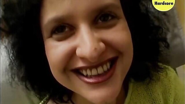 Smiling hairy Indian MILF closeup, retro sloppy BJ thumbnail