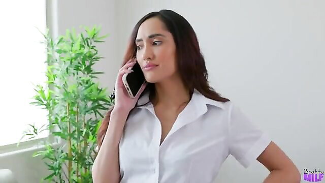 Brunette Asian MILF in white blouse on phone call, Bratty Milf