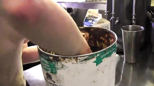Hairy lesbian MILF arm-deep in chocolate bucket ass play tease