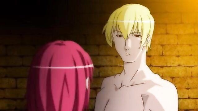 Blonde anime guy shirtless facing pink-haired girl in Kyuuketsuki hentai scene