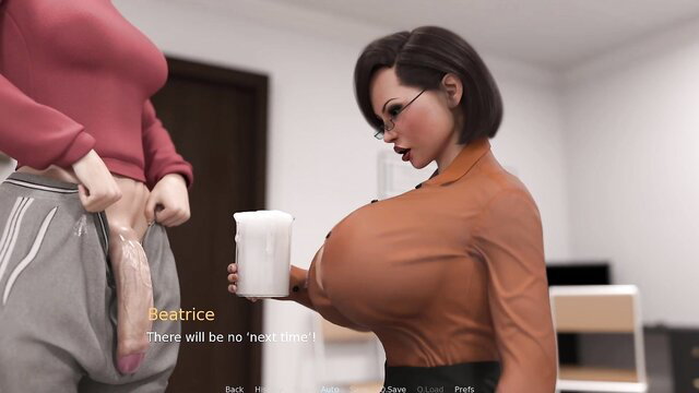 Beatrice holds cum mug with massive tits, huge cock bulging pants