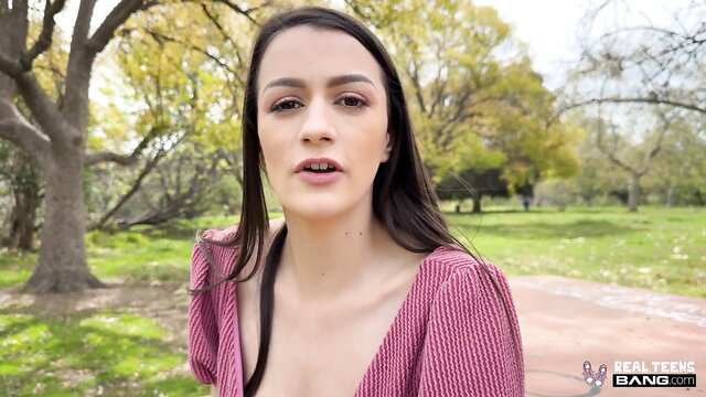 Summer Renee in tight pink top, deep cleavage, park tease
