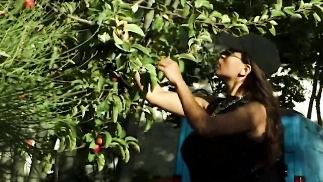 Marie Laetitia picking apples sexy Jeep outdoor tease