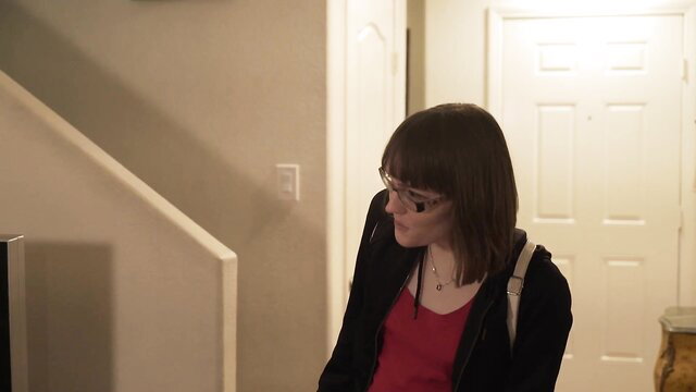 Claire Tenebrarum in tight red top and glasses, hot bathroom tease