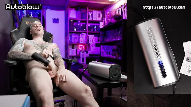 Alex Hardy naked using Autoblow Vacuglide male masturbator solo