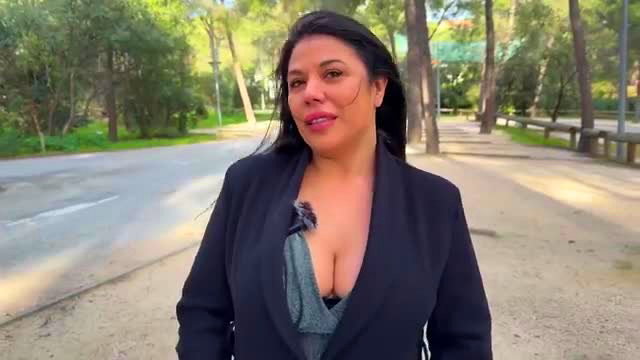 Vicky 40yo busty latina medical secretary in deep cleavage blazer outdoors