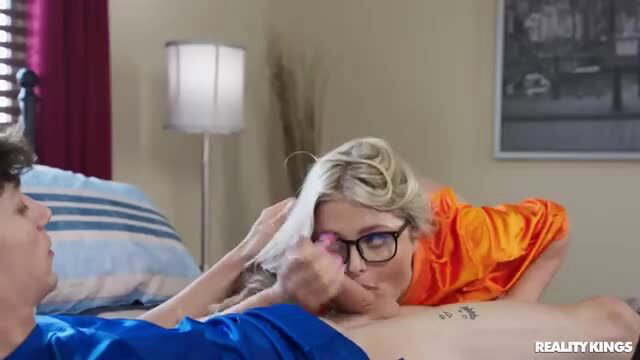 Jill Taylor in orange dress sucks cock seducing bf's friend