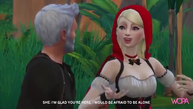 Little Red in red hood smiles at silver-haired Hunter in lush scene
