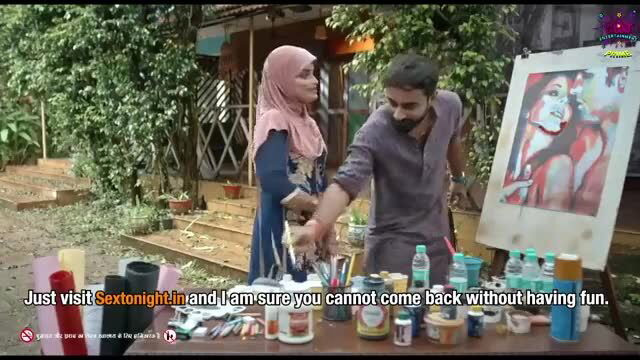 Hijabi woman and man painting erotic portrait outdoors in hot Hindi erotic movie