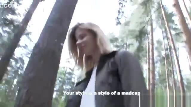 Crystal Maiden in leather jacket in forest, blonde model sexy style