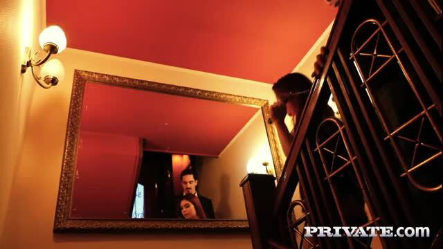 Peach L. and Amber in elegant BDSM mirror tease with suited man