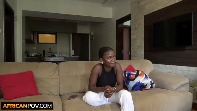 Amateur ebony teen in tank top and pants on couch in homemade POV