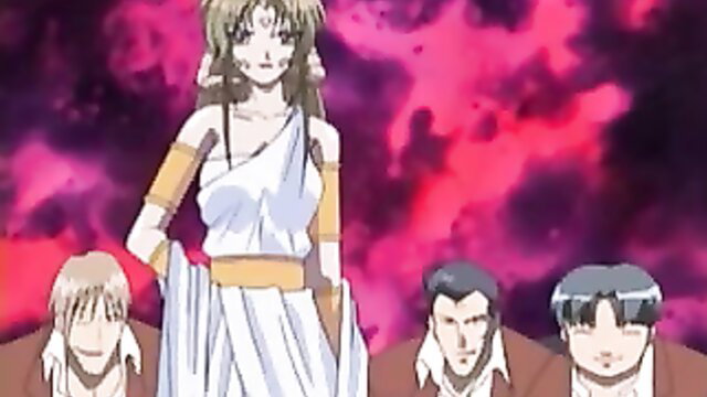 Beautiful demon girl in white toga with 3 suited men, JAV hentai style
