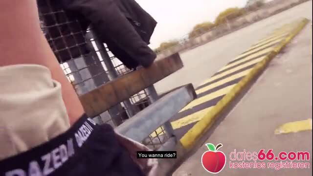 Blonde cam girl teases in panties on park deck, ready to ride