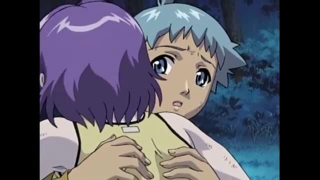 Anime hentai embrace: purple-haired girl hugs blue-haired boy in night scene