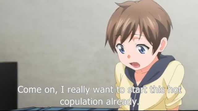 Anime boy in yellow jacket looking flustered with copulation dialogue