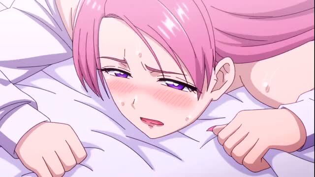 Pink-haired anime girl with flushed face and sweat drops
