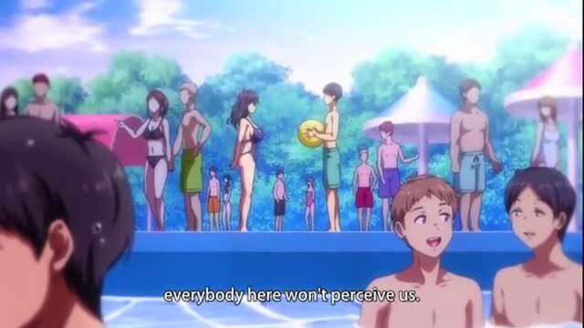 Anime pool scene with teens in swimsuits from adult hentai