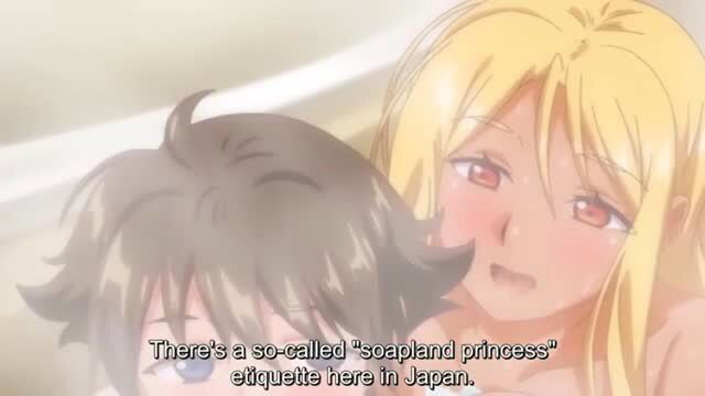 Busty blonde anime girl in bed with dark-haired guy, close-up