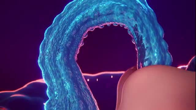 Glowing blue slime tentacle arching over pink flesh in neon fantasy scene