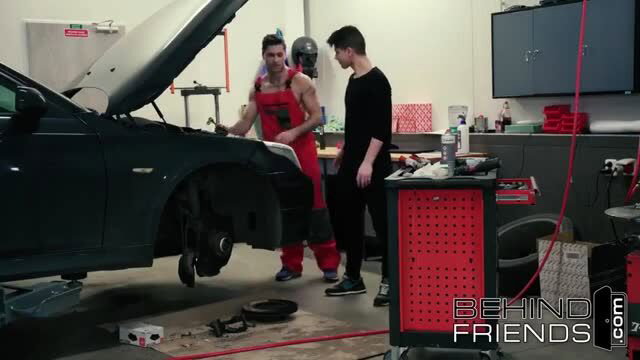 Tomas Salek & Bastian Karim in mechanic garage gay porn scene