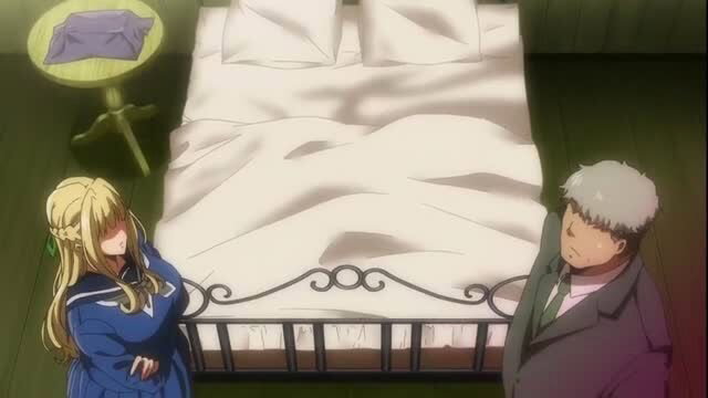 Blonde schoolgirl and suited older man anime scene