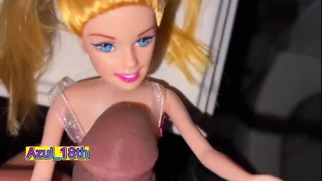 Blonde doll with big penis bulge in bathroom oral scene