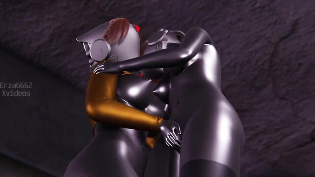 Atomic Heart twins in shiny latex embrace, 3D hentai hug
