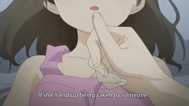 Anime hentai girl with finger in mouth, teasing expression, purple dress