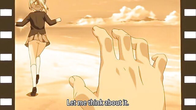 Blonde anime girl in skirt and stockings ponders with giant hand, hentai tease