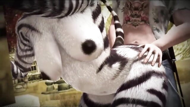 Hot zebra furry babe with huge tits groped by tattooed human guy