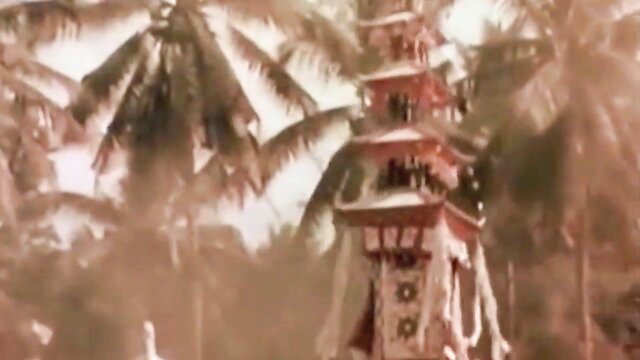 Vintage Bali temple women in ornate sarongs, exotic retro erotic scene