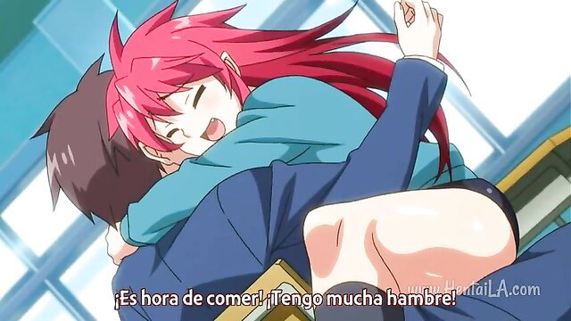 Pink-haired anime girl hugs guy hungrily in Itadaki! Seieki ep 1 hentai