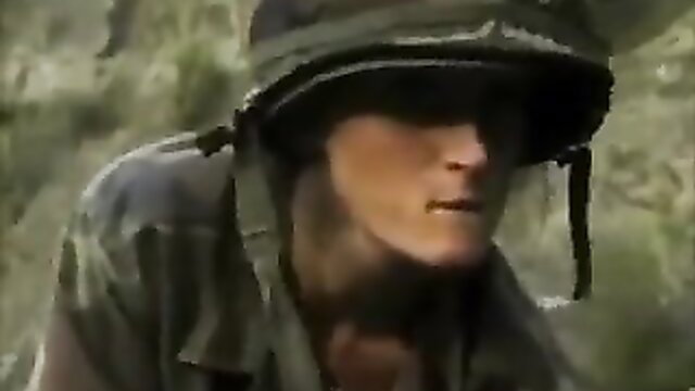 German soldier in helmet closeup face from XXX German porn movie scene