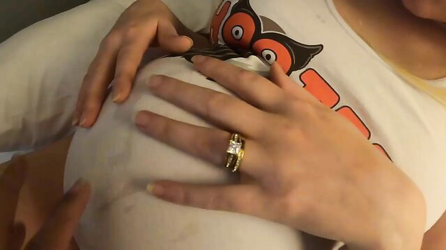 Hands groping 9-months pregnant wife's huge belly in tight Hooters shirt