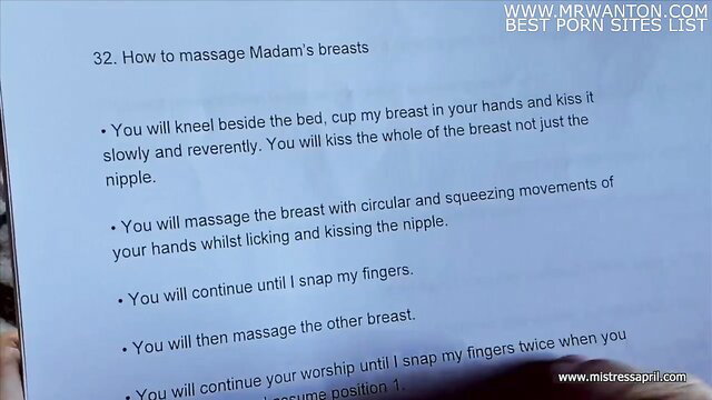 Mistress April's slave kneels massaging her huge bare tits reverently