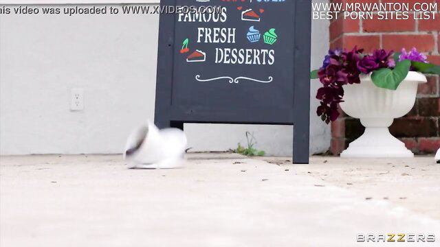Bunny hopping past cafe desserts sign in Brazzers outdoor scene