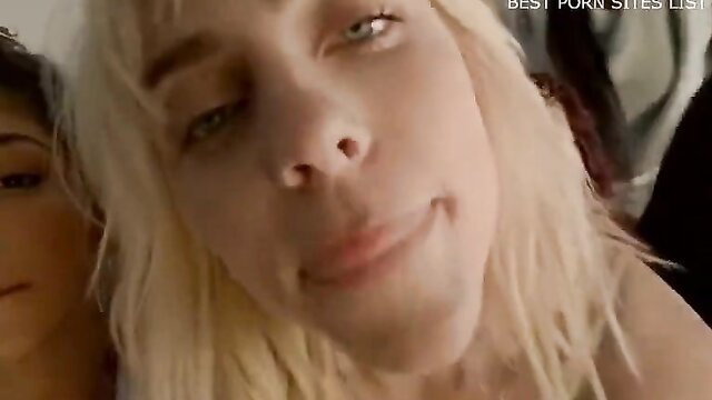 Billie Eilish lookalike hot blonde closeup smirk in sexy video